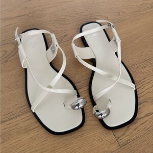 Zara white strappy leather sandals with metal embellishment toe ring